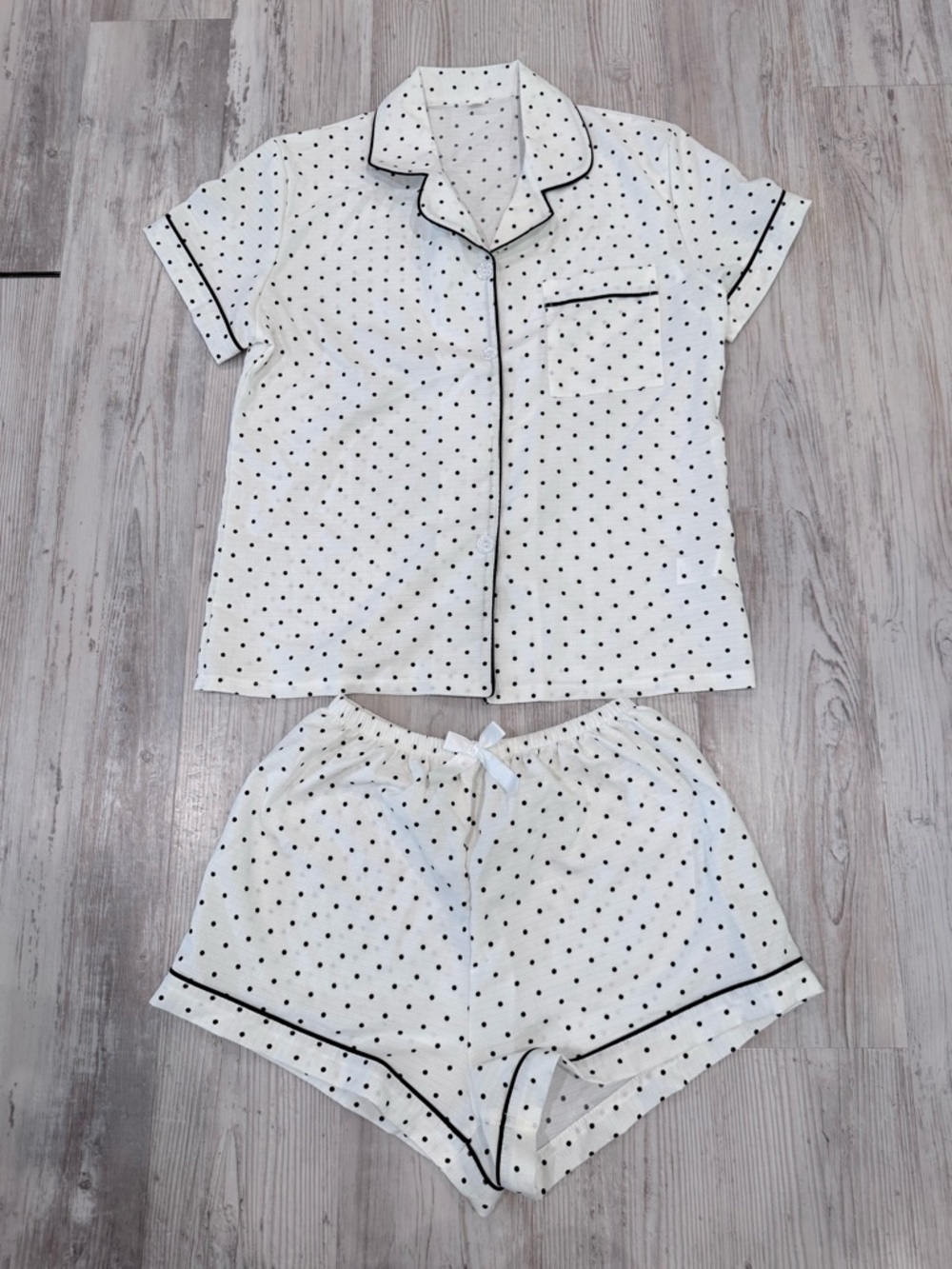 White Polka Dot Pajama Set with Black Trim